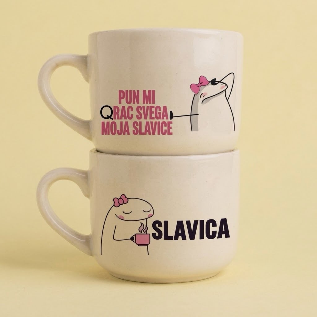 Dve krem šolje na žutoj pozadini, natpisi Pun mi qrac svega moja Slavice i Slavica sa crtežom lika